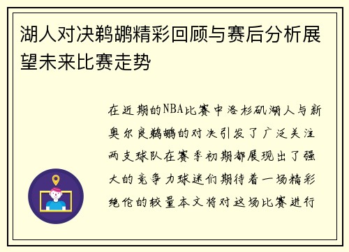 湖人对决鹈鹕精彩回顾与赛后分析展望未来比赛走势